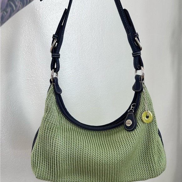 The Sak Lime Green & Navy Woven Crochet Spring Shoulder Hobo Bag Zip Closure - Picture 2 of 10